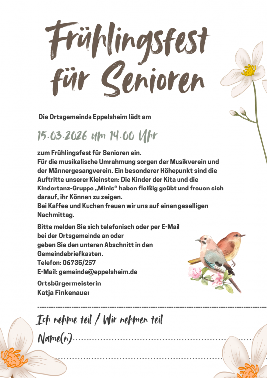 Flyer: Frühlingsfest für Senioren am 15.03.2026 um 14 Uhr